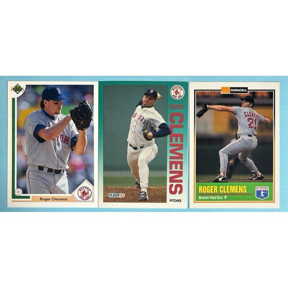 3- Roger Clemens Boston Red Sox cards -1991 UD, ‘92 Fleer and 1993 Duracell -EUC